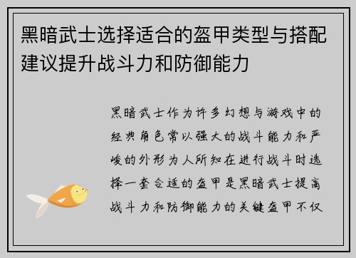 黑暗武士选择适合的盔甲类型与搭配建议提升战斗力和防御能力