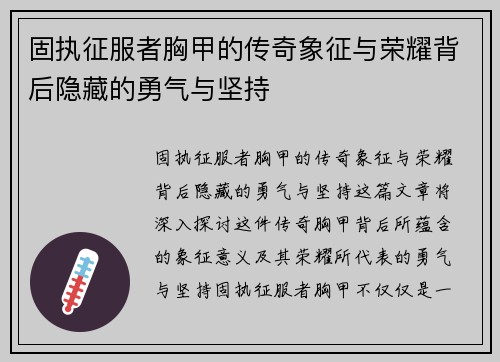 固执征服者胸甲的传奇象征与荣耀背后隐藏的勇气与坚持