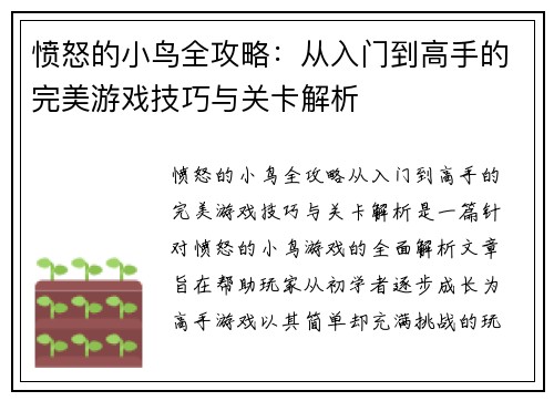 愤怒的小鸟全攻略：从入门到高手的完美游戏技巧与关卡解析